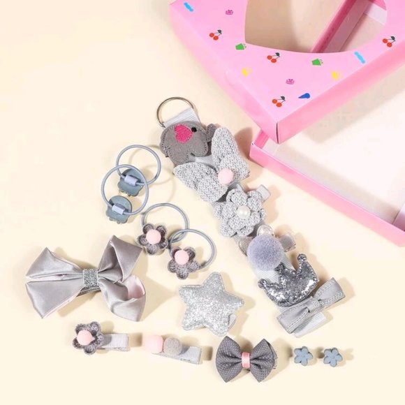 18 Piece Toddler Girls Bow and Flower Hair Accessory Gift Set Gray - Picture 1 of 3